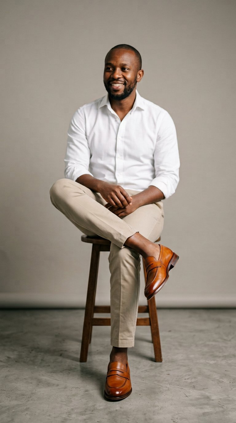 Studio portrait — client wearing the Diplomat Tan Loafers