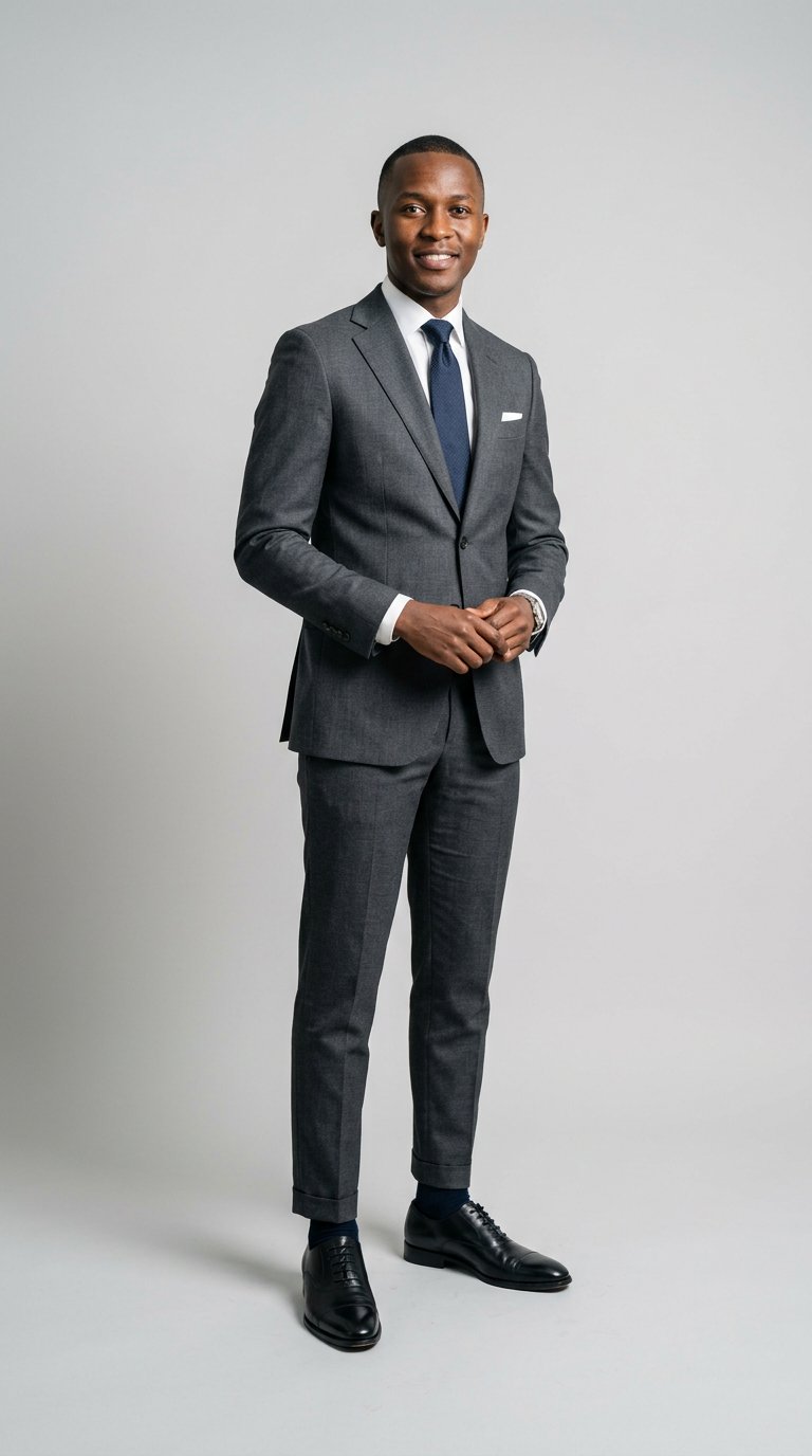 Studio portrait — client wearing the Executive Black Oxfords